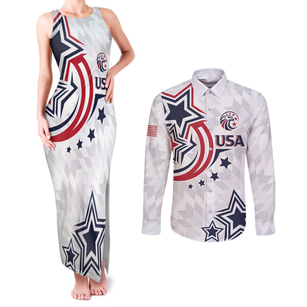 USA Rugby 2024 Custom Couples Matching Tank Maxi Dress and Long Sleeve Button Shirt GO Eagles Assemble LT7 - Wonder Print Shop