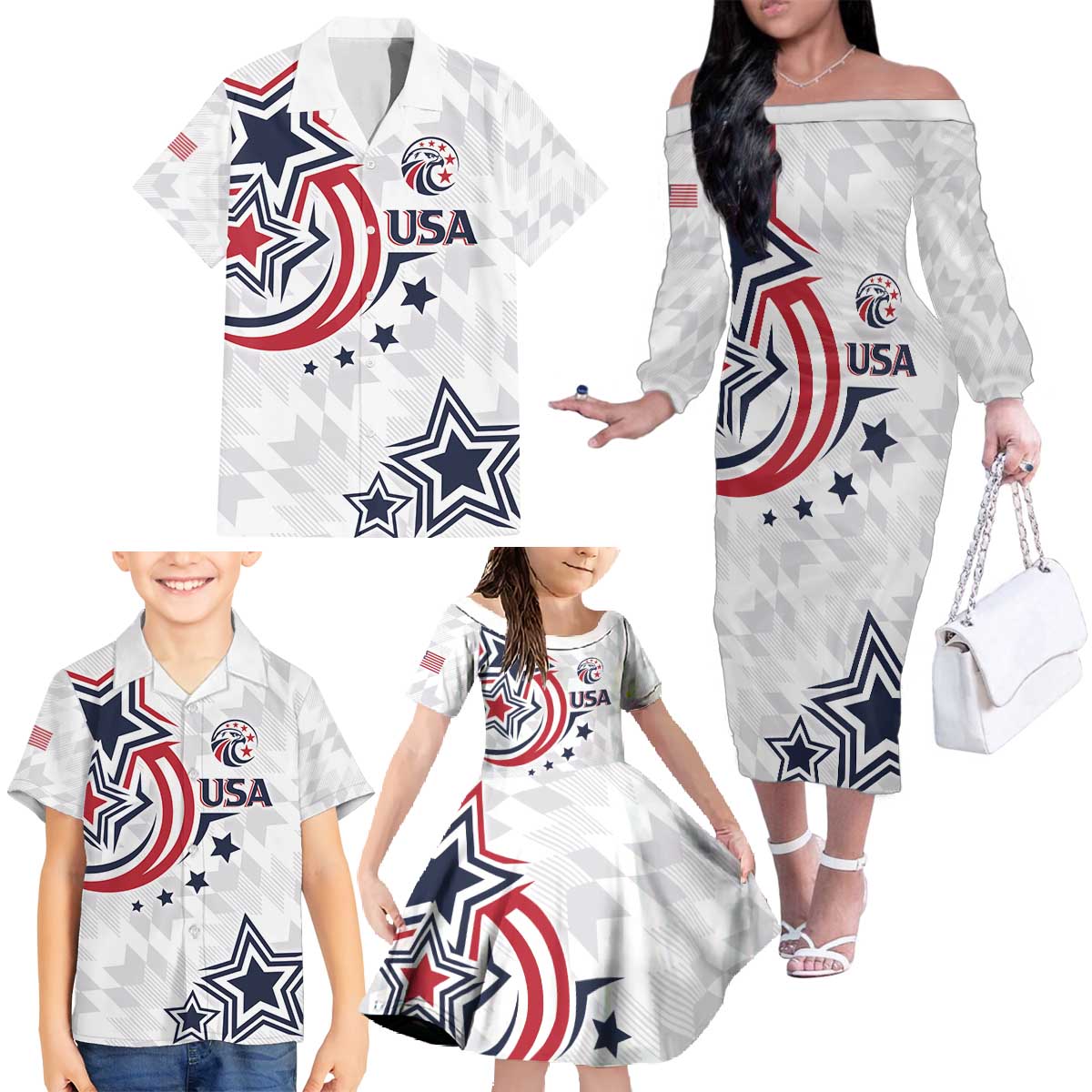 USA Rugby 2024 Custom Family Matching Off The Shoulder Long Sleeve Dress and Hawaiian Shirt GO Eagles Assemble - Wonder Print Shop