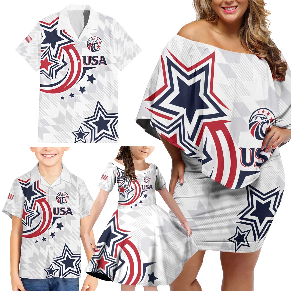 USA Rugby 2024 Custom Family Matching Off Shoulder Short Dress and Hawaiian Shirt GO Eagles Assemble LT7 - Wonder Print Shop