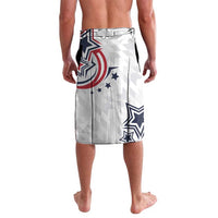 White graphic shorts with red-blue eagle emblem, stars, and geometric pattern
