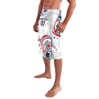 White knee-length wrap shorts with eagle-and-stars graphic and elastic waistband