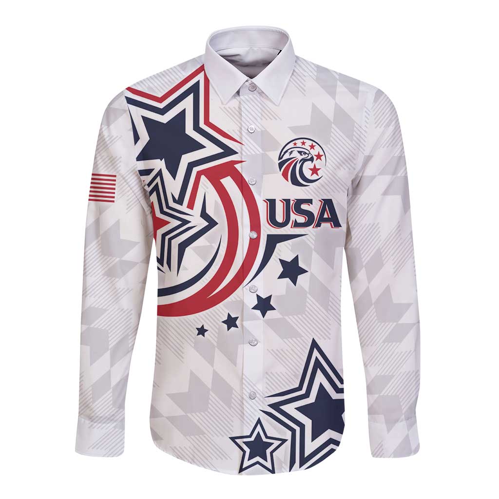 White long-sleeve button rugby shirt, front graphic with USA logo and stars