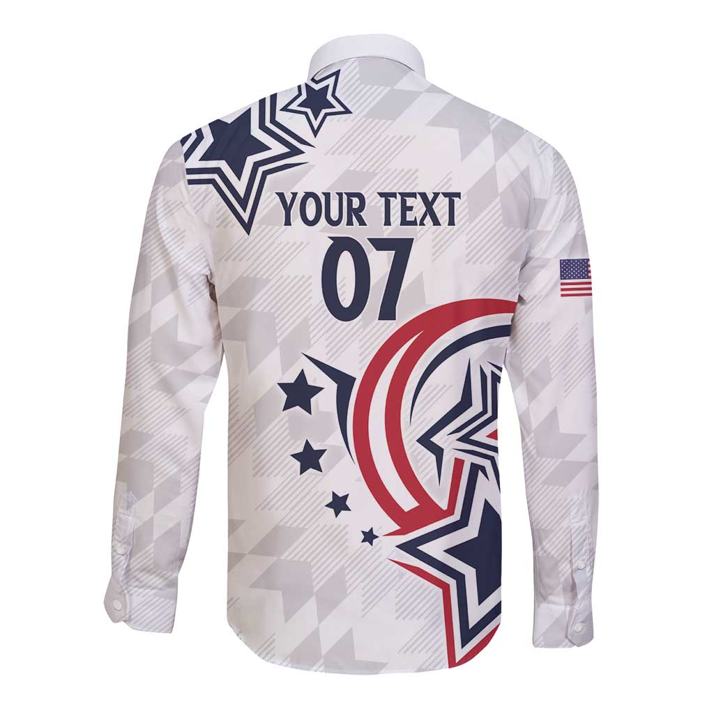 White long-sleeve button rugby shirt, back graphic with text and number 07