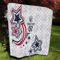 White custom quilt with patriotic star designs and custom text layout centered