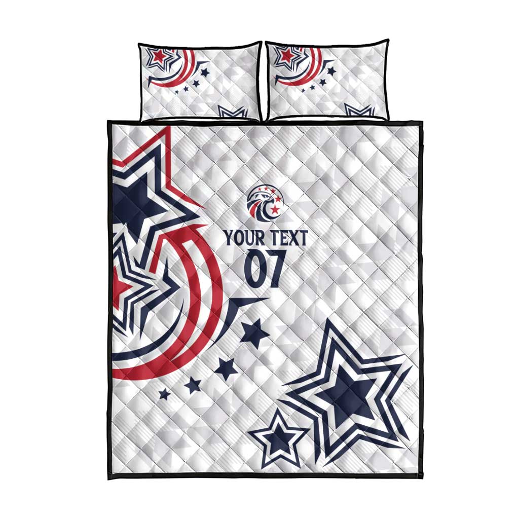 White quilt bed set with patriotic star and eagle print, two pillow shams