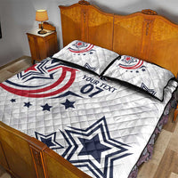 White quilt bed set with bold navy stars and red-white eagle design, two pillow shams