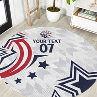 Round gray carpet rug with red and navy eagle, stars, and 'YOUR TEXT 07' design