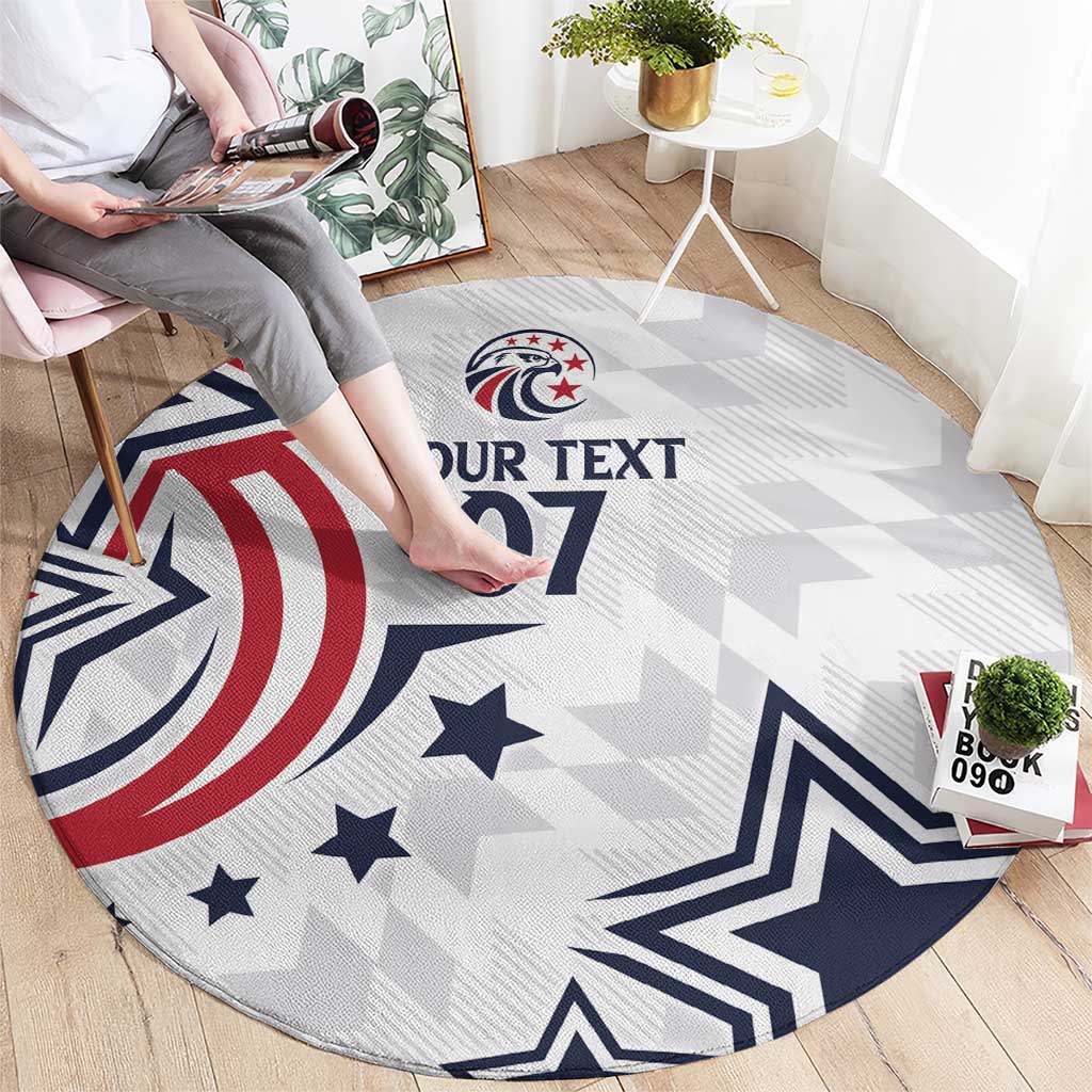 Round gray rug with eagle emblem, navy stars, and 'YOUR TEXT 07' in center