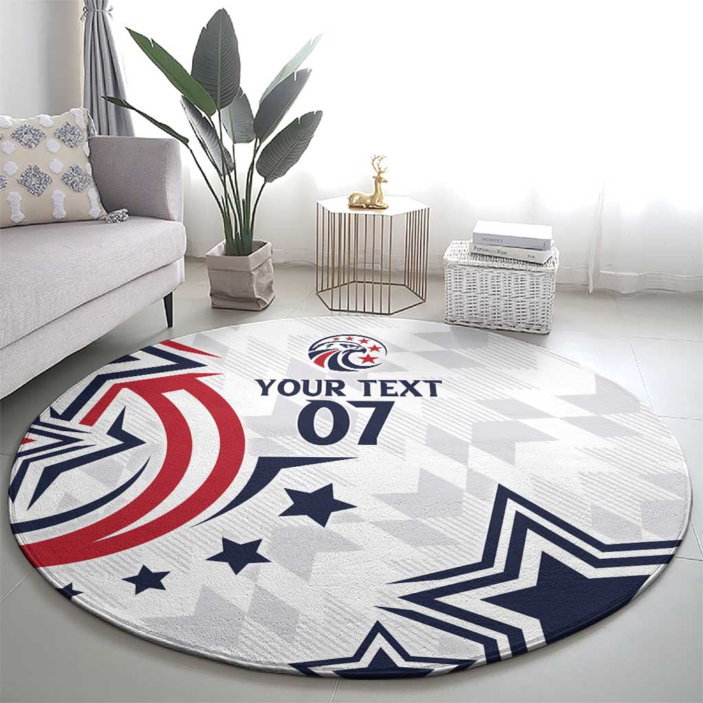 Round gray rug with eagle logo, star pattern, and 'YOUR TEXT 07' text
