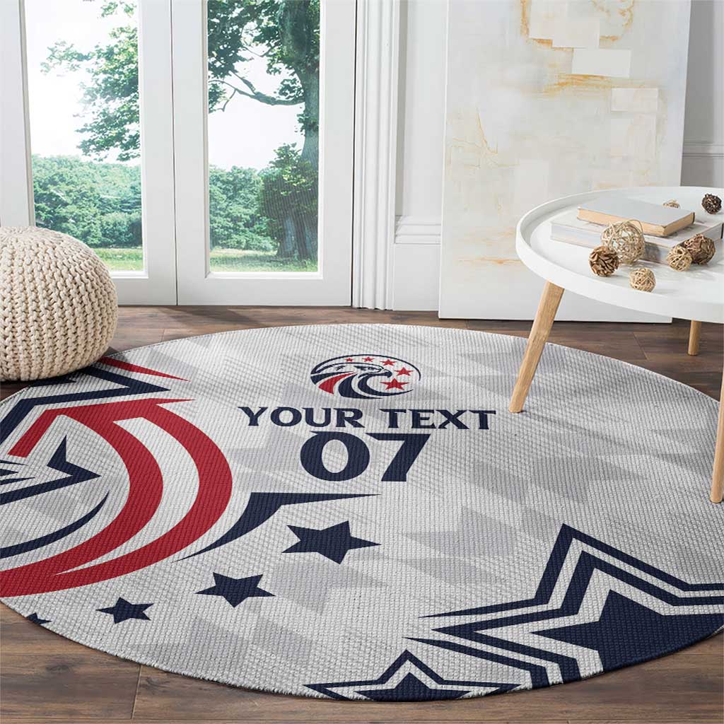 Round gray carpet rug with eagle crest, stars, and 'YOUR TEXT 07' graphic