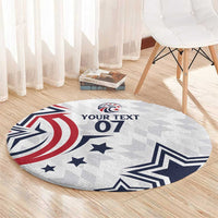 Round gray rug featuring eagle emblem, navy star shapes, and 'YOUR TEXT 07' center