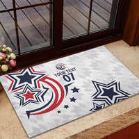 Custom rubber doormat at entryway with red-white stripes and blue star graphics