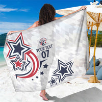 White custom rugby sarong with blue/red star graphics and "YOUR TEXT 07" print