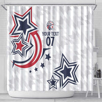 White shower curtain featuring USA-style stars and the 'Your Text 07' design.