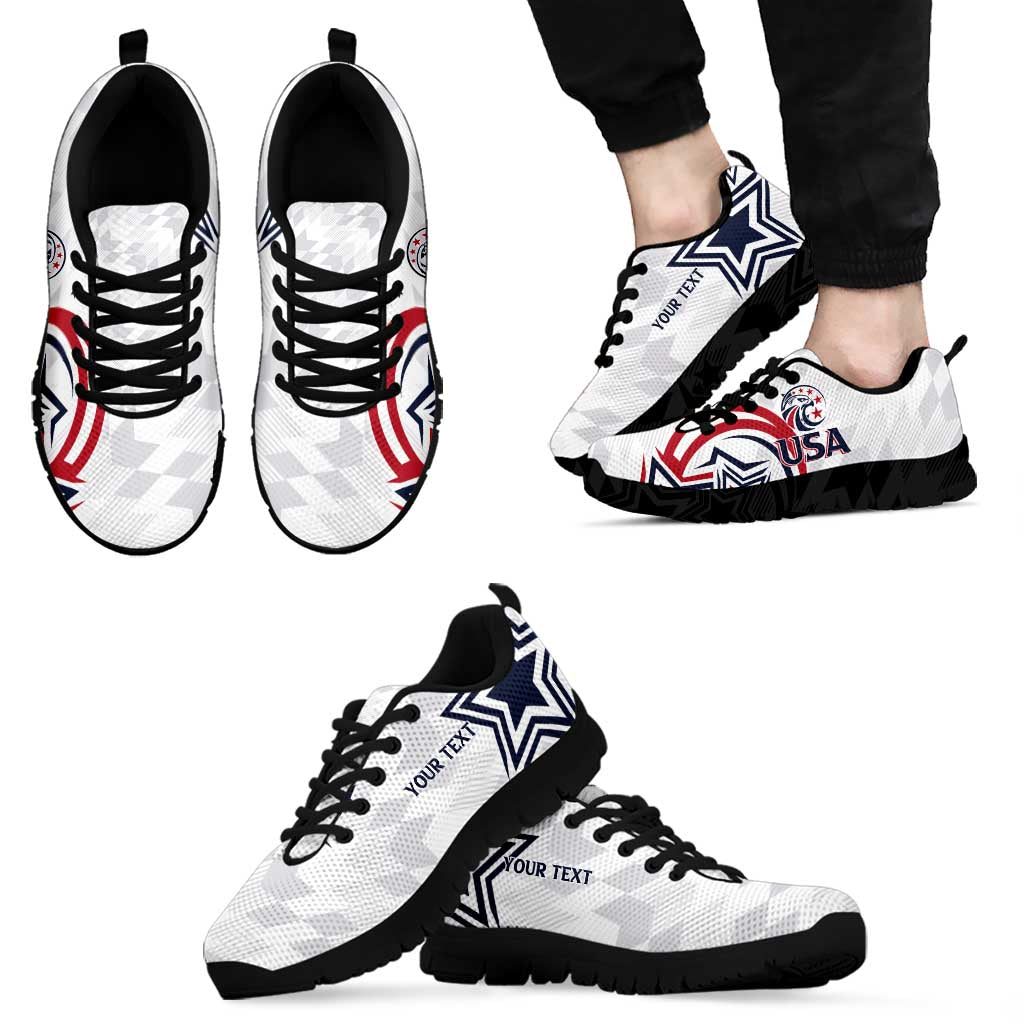 White sneakers with black sole, USA and blue star graphics; shown with black laces
