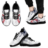 White sneakers with black sole, USA and blue star graphics; shown with black laces