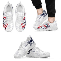White sneakers with black sole, USA logo and blue star; includes side and front views