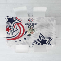 White tablecloth with navy/red star graphic and gray pattern; 'YOUR TEXT' center
