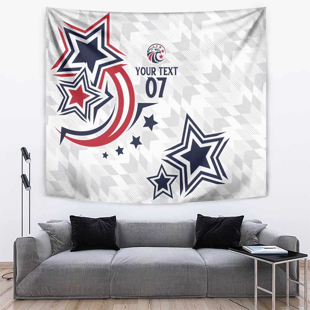 White custom tapestry with star and stripes graphic and 'YOUR TEXT 07' text