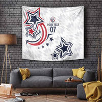 White wall tapestry with bold stars, circular stripes, and 'YOUR TEXT 07'