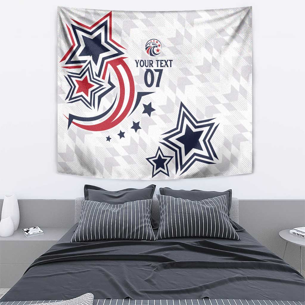 White custom tapestry featuring stars, stripe circle, and 'YOUR TEXT 07' lettering