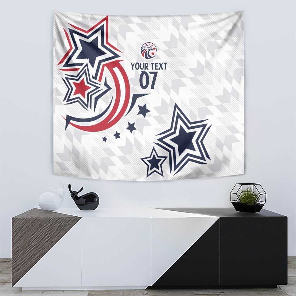 White tapestry with large star designs, circular red stripes, and 'YOUR TEXT 07'