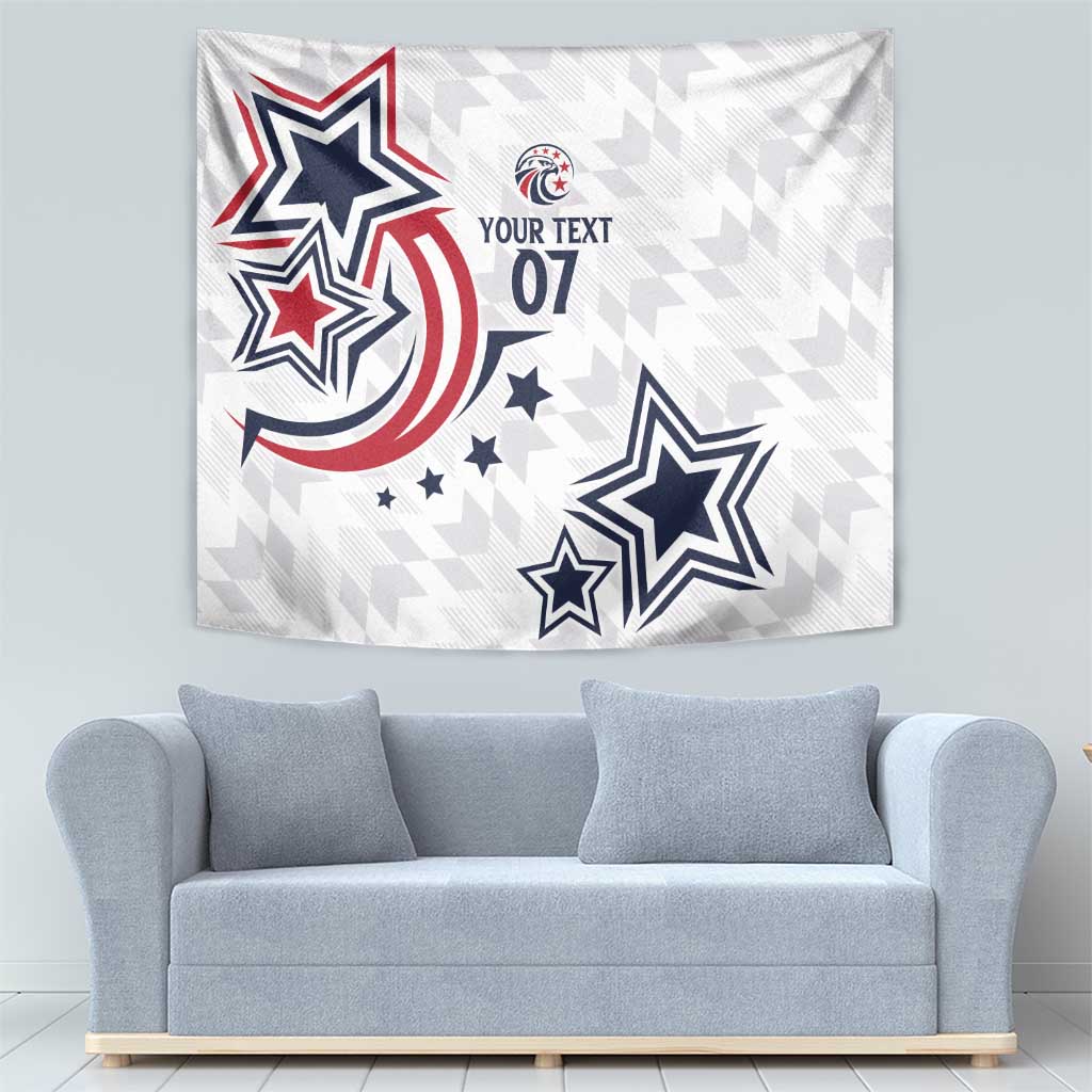 White decorative tapestry with stars, stripe swirl, and 'YOUR TEXT 07' design