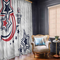 White window curtain with blue star and red stripe patriotic graphic, with textured diamond pattern.