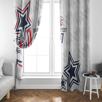 White window curtain panel with blue star motif and “YOUR TEXT 07” text on diamond pattern fabric.
