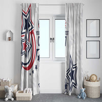 Two white window curtains with patriotic star-and-stripe graphics and “YOUR TEXT 07” text.