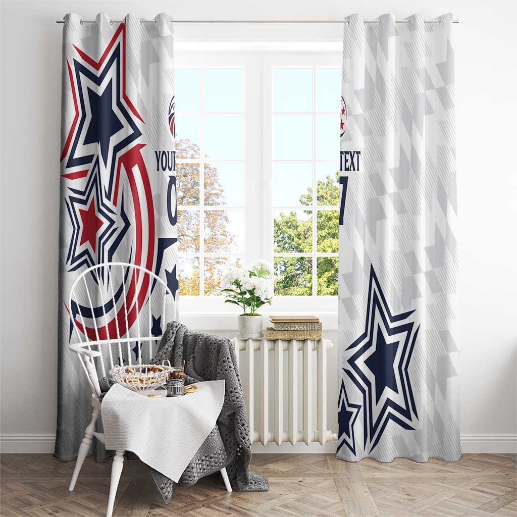 White window curtains with large star on left and blue star-and-trim on right, “YOUR TEXT 07”.