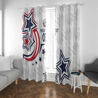 White window curtain set with star-and-stripe print, “YOUR TEXT 07” text, and diamond texture.