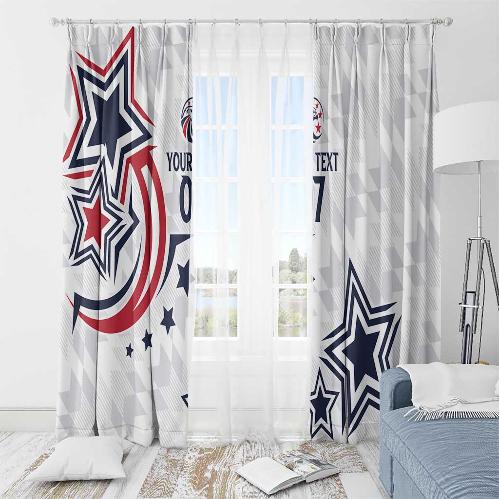 White window curtain pair with “YOUR TEXT 07” and blue star panels; pleated top detail visible.