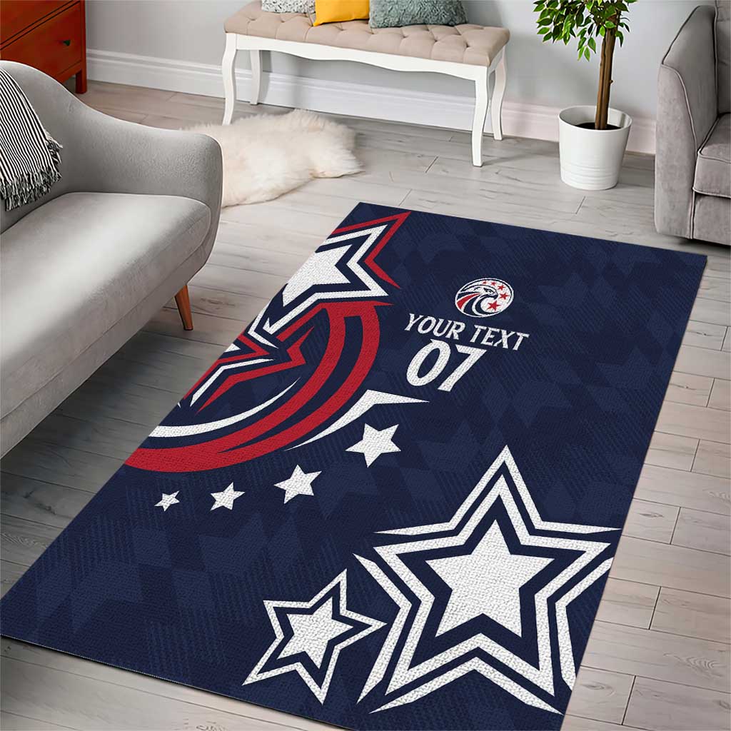 Navy blue area rug with eagle emblem, stars, and 'YOUR TEXT 01' center design