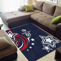Blue area rug featuring eagle swirl, multiple white stars, and 'YOUR TEXT 01' text