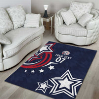Blue area rug with eagle graphic, star shapes, and 'YOUR TEXT 01' printed text