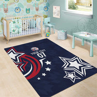 Blue area rug for kids room with eagle emblem, stars, and 'YOUR TEXT 01' design