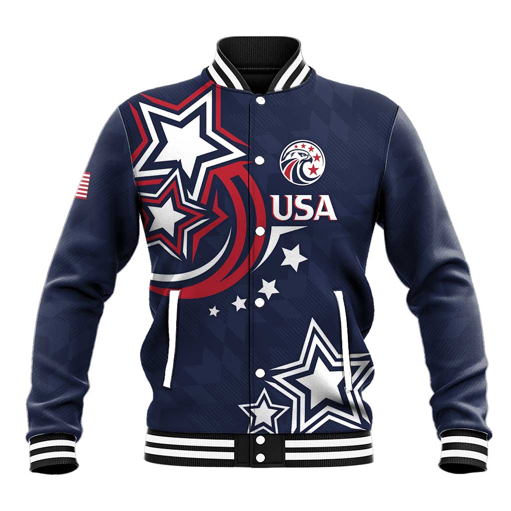 Blue varsity baseball jacket with snap front, striped ribbed trim, USA patch and graphic