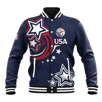 Blue varsity baseball jacket with snap front, striped ribbed trim, USA patch and graphic
