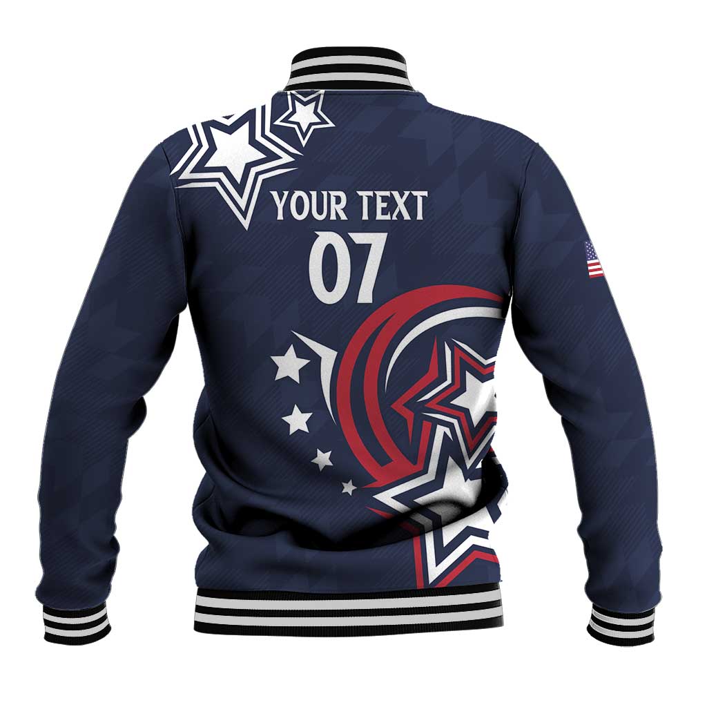Blue jacket back with striped ribbed collar, YOUR TEXT and 07 print, star graphics