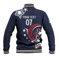 Blue jacket back with striped ribbed collar, YOUR TEXT and 07 print, star graphics