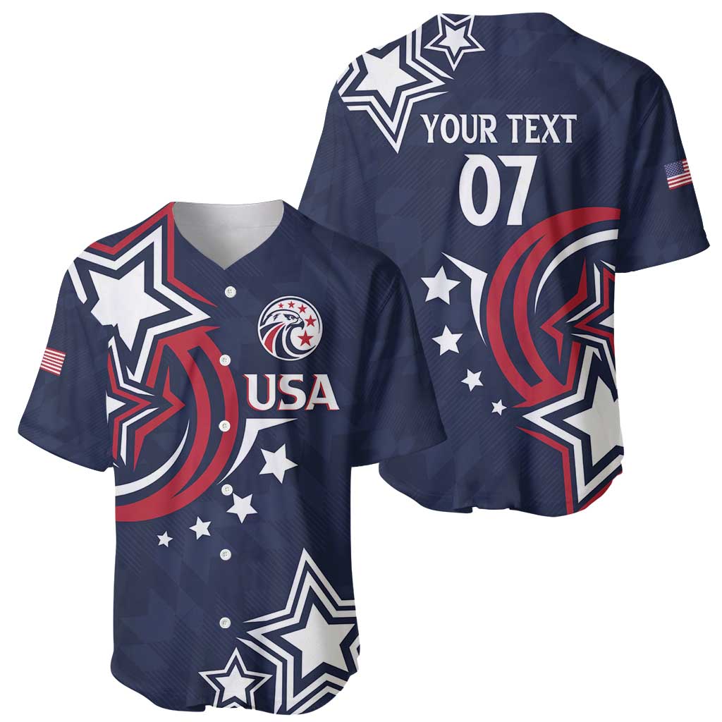 Navy baseball jersey front and back with USA crest, stars, red-white graphics