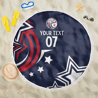 Round blue beach blanket with fringe edge, 'YOUR TEXT 07' and star burst print