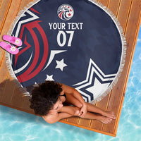 Round blue beach blanket with fringe edge, stars and 'YOUR TEXT 07' graphic