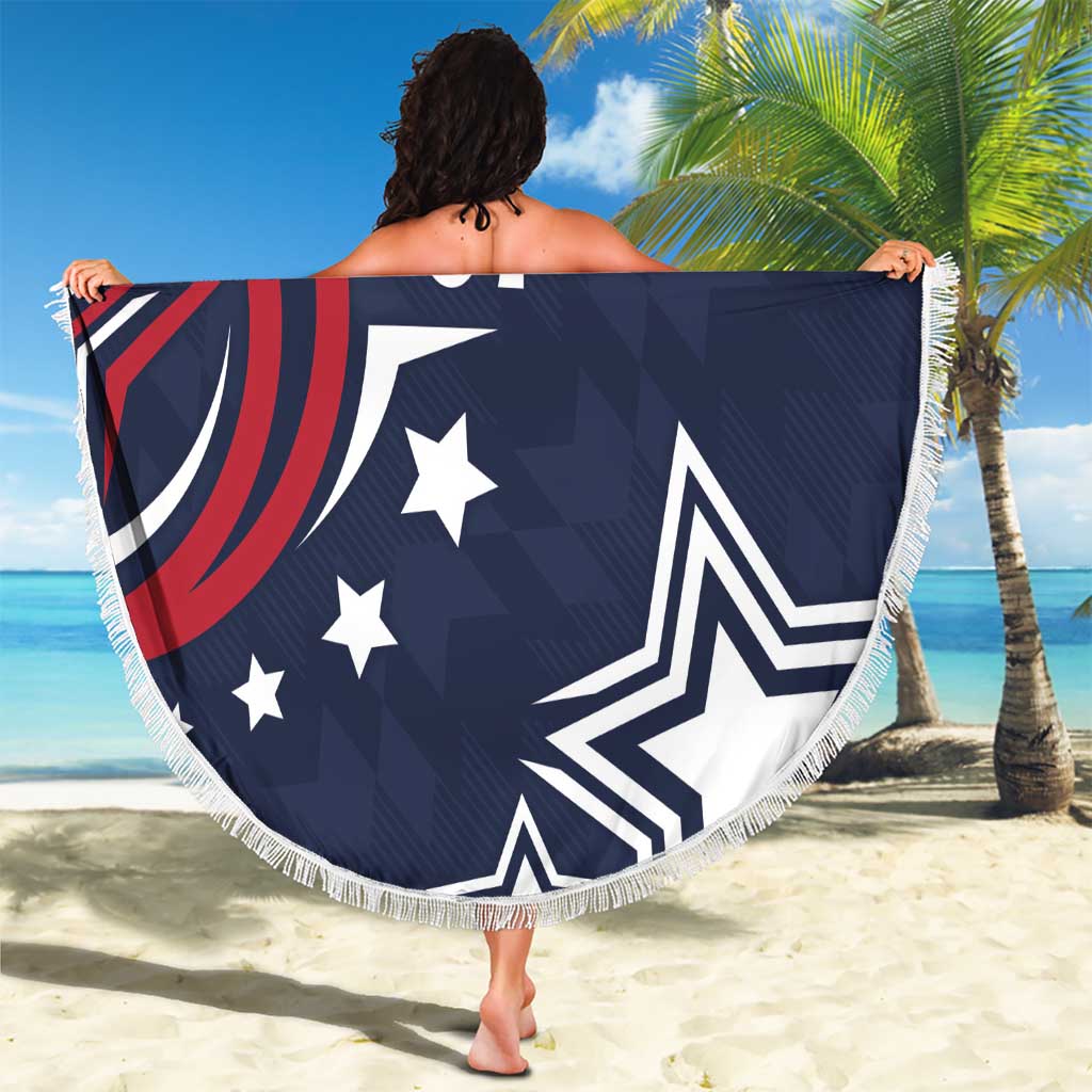 Round blue beach blanket with white fringe, stars and bold text '07' design