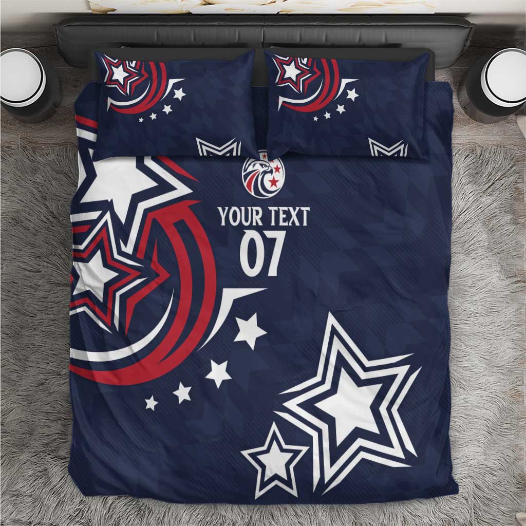 Dark blue duvet and two pillowcases with patriotic stars, red swirls, 'YOUR TEXT 07'