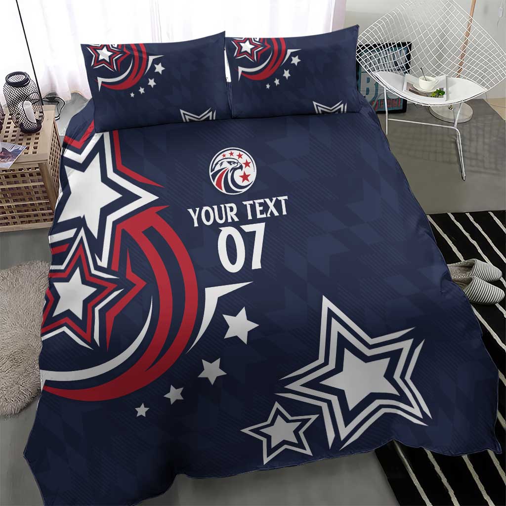 Dark blue duvet cover and pillowcases with large star graphics and 'YOUR TEXT 07'