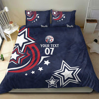 Dark blue duvet cover and two pillowcases with star emblems and 'YOUR TEXT 07'