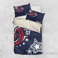 Dark blue duvet cover with two pillowcases showing stars and 'YOUR TEXT 07'