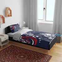 Dark blue bedding set with duvet and pillowcases featuring stars and 'YOUR TEXT 07'